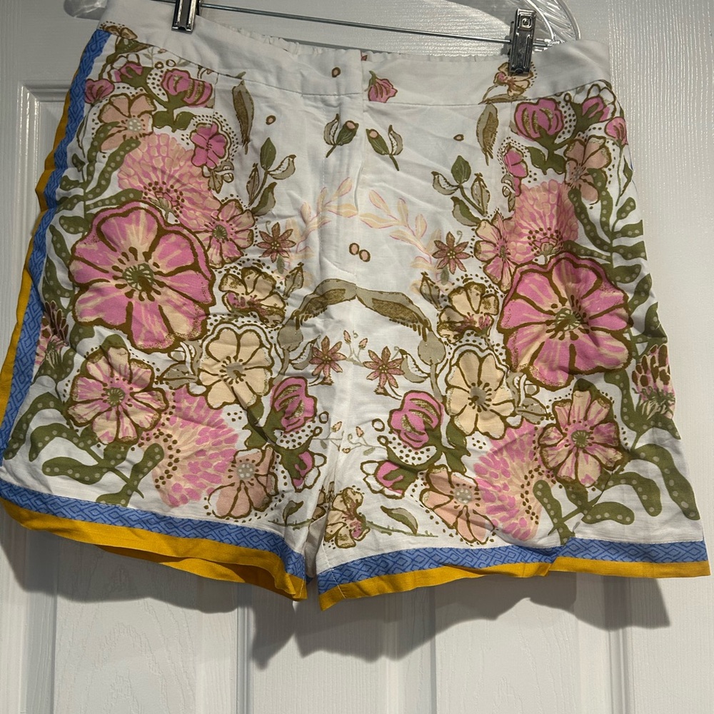Skies Are Blue Pink & Green Floral High Waist Shorts with Yellow Trim